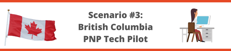 Flag of Canada, female programmer and text "Scenario #3 British Columbia PNP Tech Pilot"