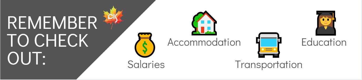 "Salaries" text with money bag icon, "accommodation" text with house icon, "transportation" text with bus icon, "education" text with female graduate icon, standalone text on the left: "remember to check out:"