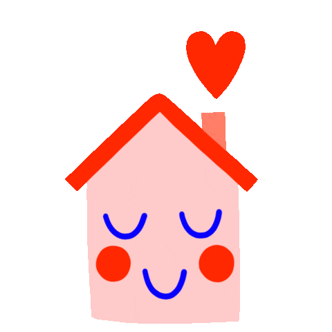 Illustration of a pink house with blue eyes and red cheeks. It has a red heart coming out of a chimney.
