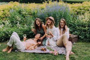 Friends having a picnic in a field