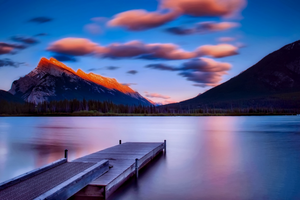 A beautiful lake in Canada with pink and blue skys