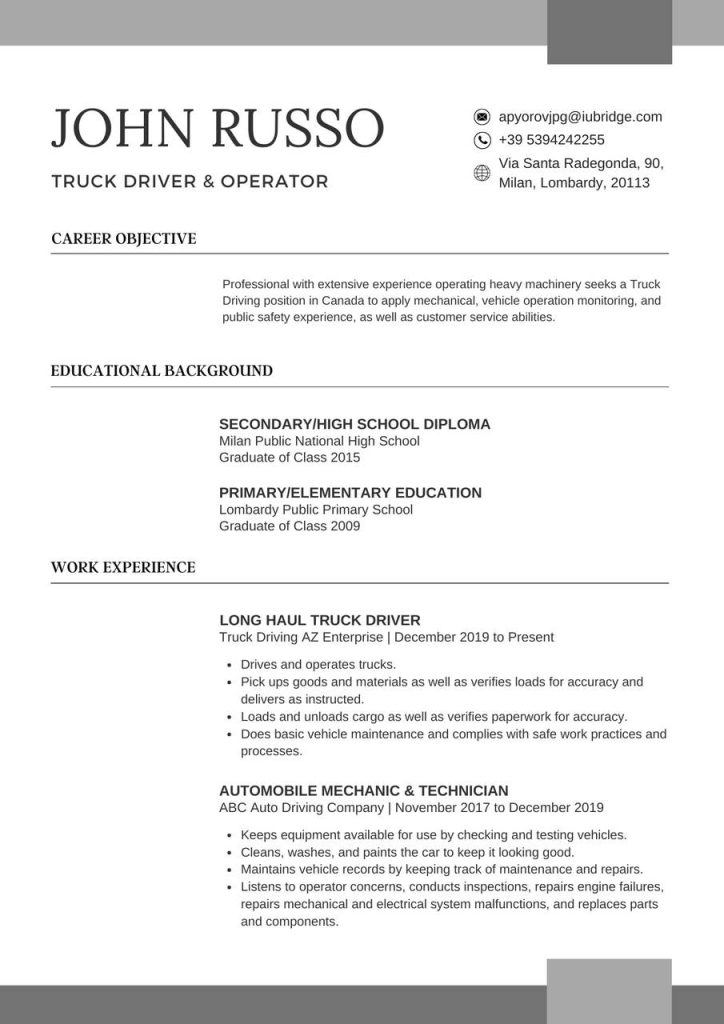 Truck Driver Sample CV